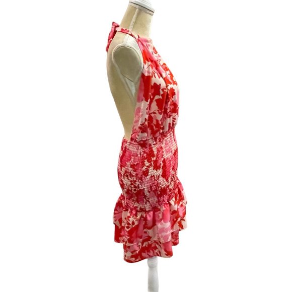 Fiji Fever Pink/Red Floral Smocked Ruffled Hem Mini Dress Medium Barbie Core - Picture 9 of 10